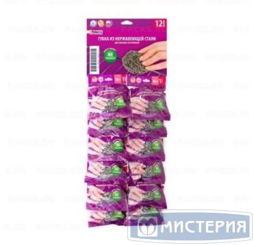 Губка металлическая для посуды d80xh20 мм, 16 гр., нерж., 12 шт/упак "Paterra" 30 упак/кор РОССИЯ 402-378