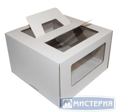 Коробка для торта 300х300х190 мм, с окном, неразъем.крышка, с ручк., крафт-бел., карт., 25 шт/кор 25 шт/упак РОССИЯ Г2 228